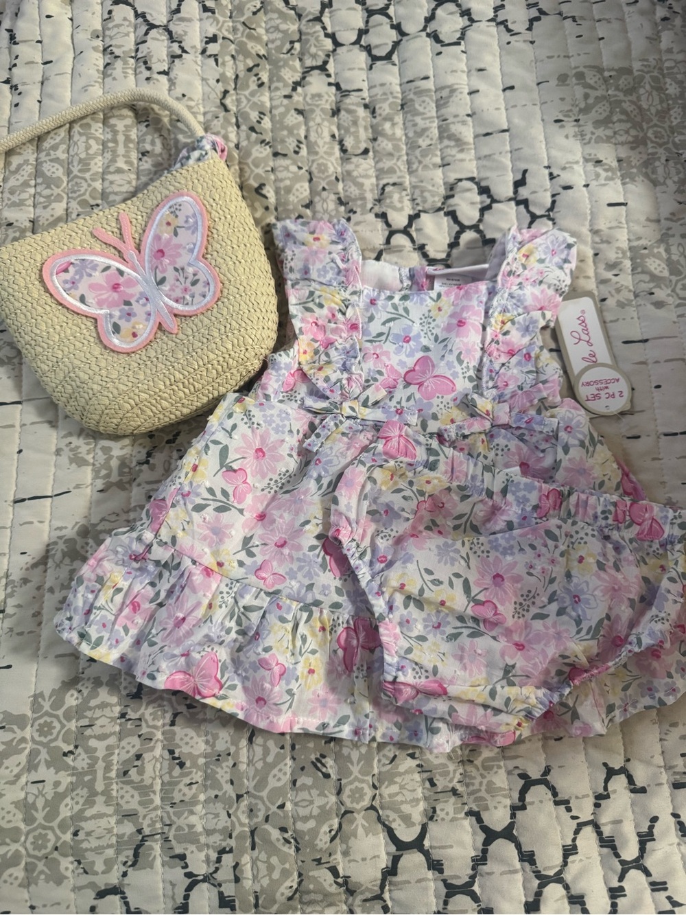 Carter's Pink Floral Ruffle Dress with Cream Butterfly Purse